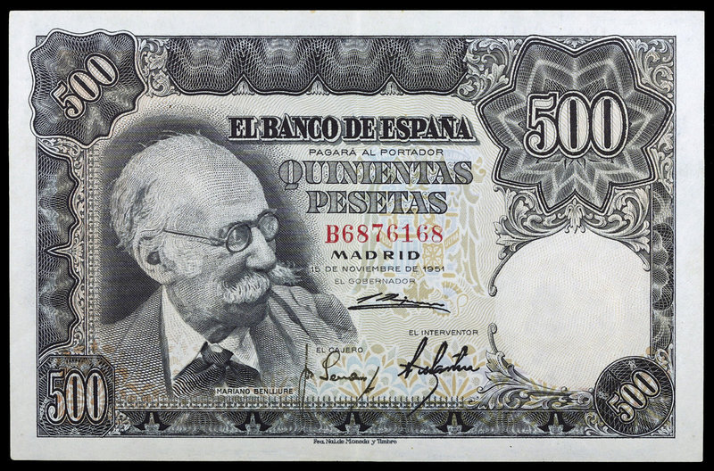 1951. 500 pesetas. (Ed. D61a) (Ed. 460a). 15 de noviembre, Benlliure. Serie B. L...