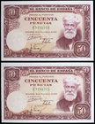 1951. 50 pesetas. (Ed. D63a) (Ed. 462a). 31 de diciembre, Rusiñol. Pareja correlativa, serie B. S/C.