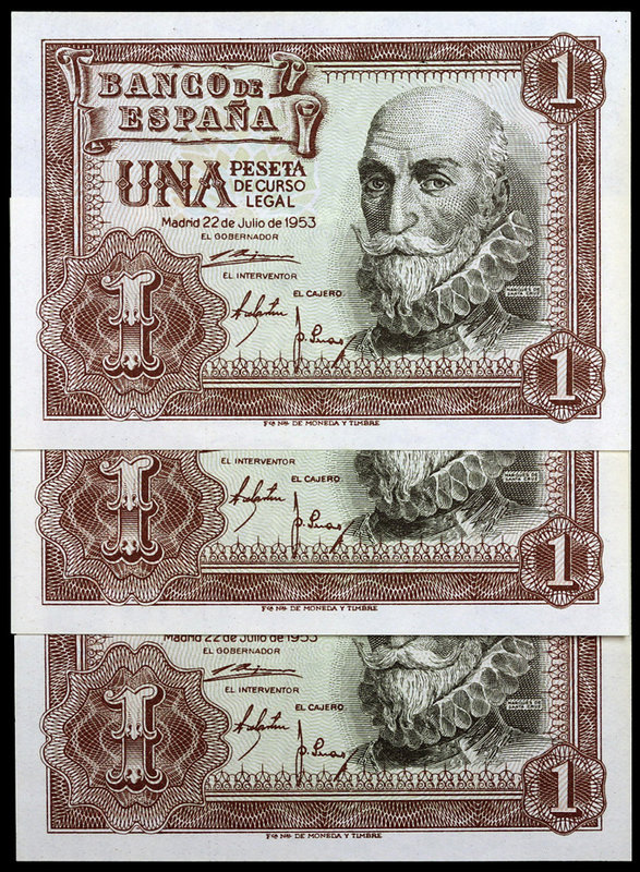 1953. 1 peseta. (Ed. D66a). 22 de julio, Marqués de Santa Cruz. Trío correlativo...