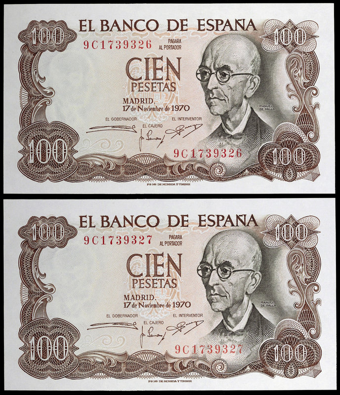 1970. 100 pesetas. (Ed. D73c var) (Ed. 472d). 17 de noviembre, Falla. Pareja cor...