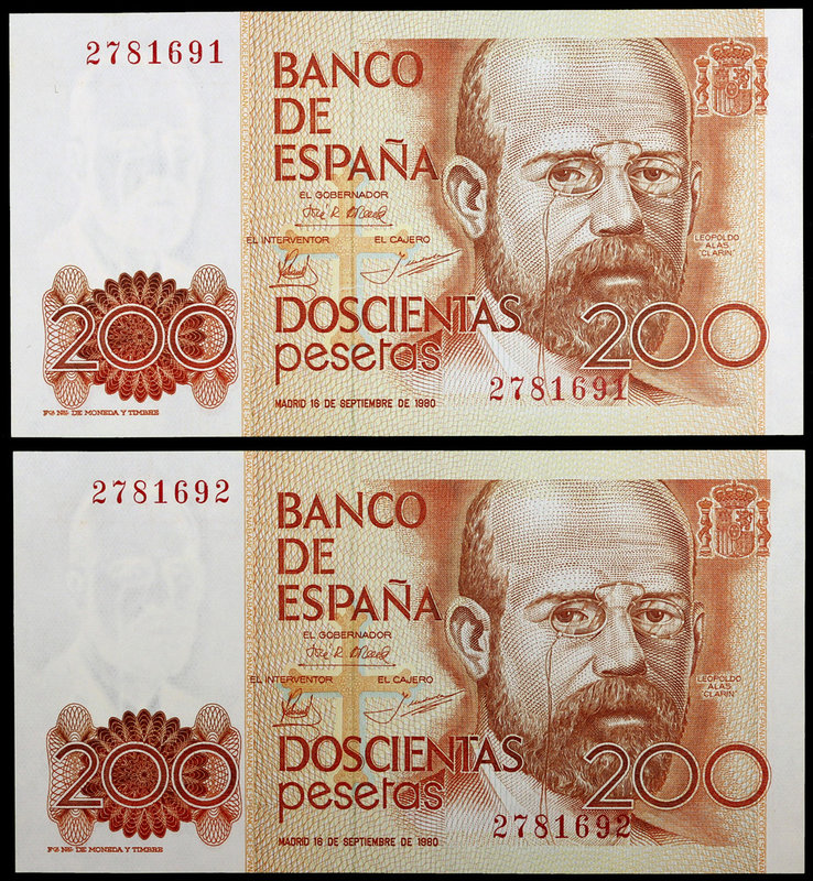 1980. 200 pesetas. (Ed. E6). 16 de septiembre, Clarín. Pareja correlativa, sin s...