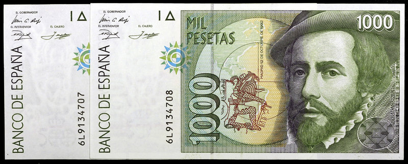 1992. 1000 pesetas. (Ed. E9a) (Ed. 483b). 12 de octubre, Hernán Cortés/Pizarro. ...