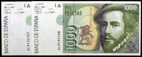 1992. 1000 pesetas. (Ed. E9a) (Ed. 483b). 12 de octubre, Hernán Cortés/Pizarro. Pareja correlativa, serie 6L. Párpado oscuro. S/C.