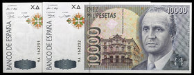 1992. 10000 pesetas. (Ed. E11b) (Ed. 485b). 12 de octubre, Juan Carlos I. Pareja correlativa, serie 9A. Ligeramente ondulados. S/C-.