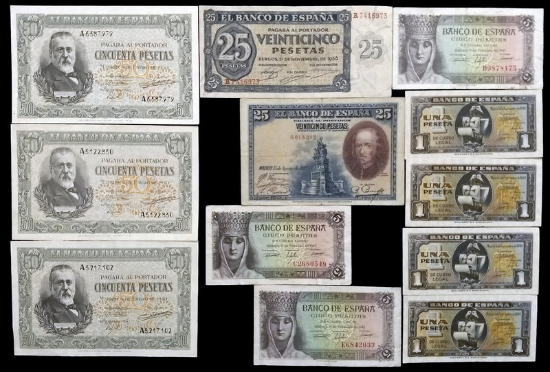 Lote de 12 billetes del Banco de España de diversos valores y fechas. BC/EBC.