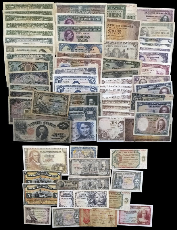Lote de 70 billetes, casi todos españoles. A examinar. BC/EBC+.