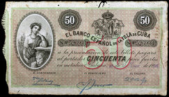 1896. Banco Español de la Isla de Cuba. 50 pesos. (Ed. CU71) (Ed. 74). 15 de mayo. Pequeñas marcas de polillas. Escaso. MBC-.