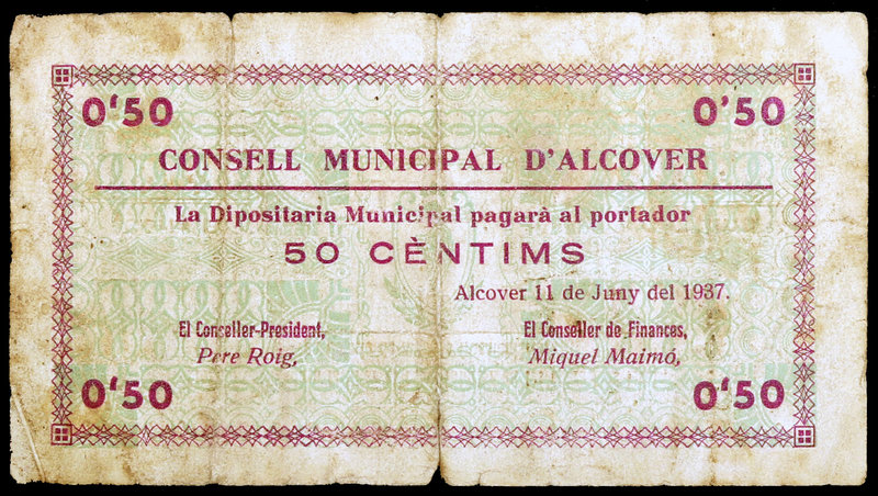 Alcover. 50 céntimos. (T. 109a). Roturas. Escaso. (BC).