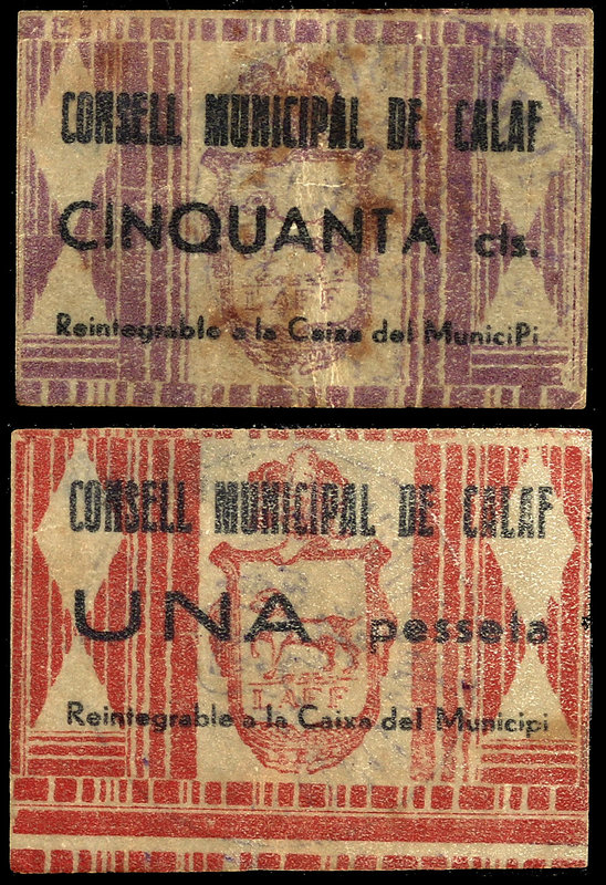 Calaf. 50 céntimos y 1 peseta. (T. 676 y 677). 2 billetes en celuloide. Escasos....