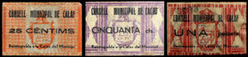 Calaf. 25, 50 céntimos y 1 peseta. (T. 675, 682 y 684a). 3 billetes en celuloide. Escasos. MBC/MBC+.