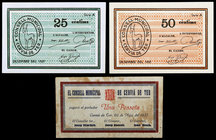 Cervià de Ter. 25, 50 céntimos y 1 peseta. (T. 952 a 954). 3 billetes, todos los de la localidad. Conjunto escaso. BC+/EBC+.