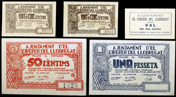 Cirerer de Llobregat, el. 25 (dos), 50 céntimos y 1 peseta (dos). (T. 955a, 957a, 958 y 959 (dos)). 4 billetes y 1 cartón (éste raro), una serie compl...