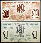 Cornellà de Llobregat. 50 céntimos y 1 peseta. (T. 1022 y 1023). 2 billetes, todos los de la localidad. EBC-/EBC.