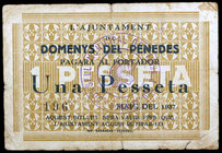 Domenys del Penedès. 1 peseta. (T. 1047). Nº 196. Raro. BC+.