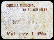 Folgueroles. 1 peseta. (T. 1203). Cartón. Raro. BC+.