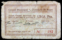 Guardiola de Bages. 1 peseta.. (T. 1374). Cartón nº 182. Roturas. Raro. BC.