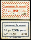 Guimerà. 50 céntimos y 1 peseta. (T. 1394 y 1395). 2 cartones, serie completa. Raros. MBC-/MBC.