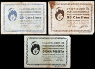 Hostalets de Pierola. 25, 50 céntimos y 1 peseta. (T. 1432, 1433b y 1434). 3 billetes, serie completa. Escasos. BC/BC+.