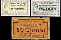 Llorença del Penedès. 25, 50 céntimos y 1 peseta. (T. 1561 a 1563). 3 billetes, una serie completa, el de la primera emisión cosido en la época. BC/EB...