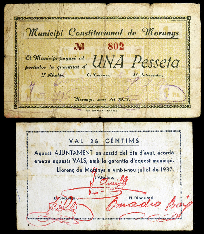 Llorenç de Morunys. 25 céntimos y 1 peseta. (T. 1564 y 1566b). 2 billetes. Escas...