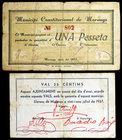 Llorenç de Morunys. 25 céntimos y 1 peseta. (T. 1564 y 1566b). 2 billetes. Escasos. BC/BC+.