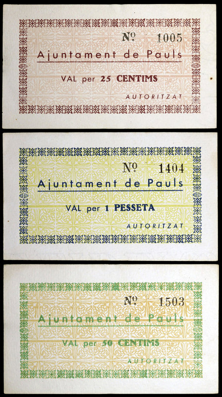Paüls dels Ports. 25, 50 céntimos y 1 peseta. (T. 2077 a 2079). 3 billetes, todo...
