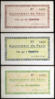 Paüls dels Ports. 25, 50 céntimos y 1 peseta. (T. 2077 a 2079). 3 billetes, todos los de la localidad. Escasos. EBC-/EBC.