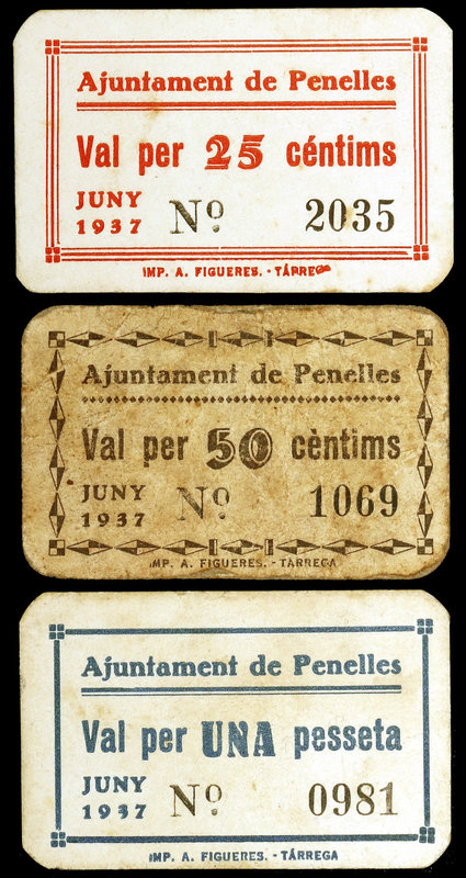 Penelles. 25, 50 céntimos y 1 peseta. (T. 2083a, 2084a y 2085a). 3 cartones, ser...