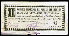 Planes del Montsià. 25 céntimos. (T. 2164b). Raro. MBC.