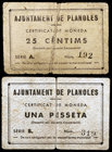 Planoles. 25 céntimos y 1 peseta. (T. 2171 y 2174). 2 cartones nº 192 y 319. Muy raros. BC-/BC.