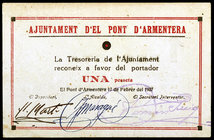 Pont d'Armentera, el. 1 peseta. (T. 2237 var). La firma del alcalde en azul. Raro. MBC.