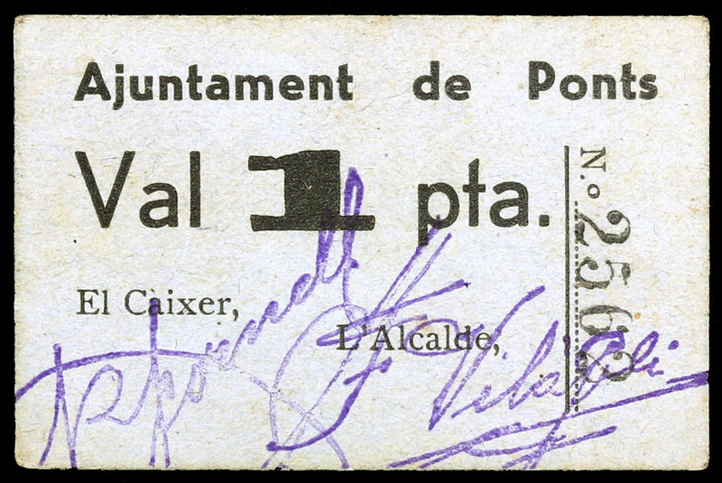 Ponts. 1 peseta. (T. 2252). Cartón. Muy raro. EBC-.