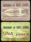Prats d'Anoia, els. 50 céntimos y 1 peseta. (T. 2299 y 2300). 2 cartones, serie completa, todos los de la localidad, el de peseta nº 271. Raros. MBC-....