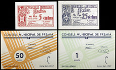 Premià de Mar. 5, 25, 50 céntimos y 1 peseta. (T. 2309c, 2310, 2311a y 2312d). Lote de 4 billetes, todos los de la localidad. S/C-.