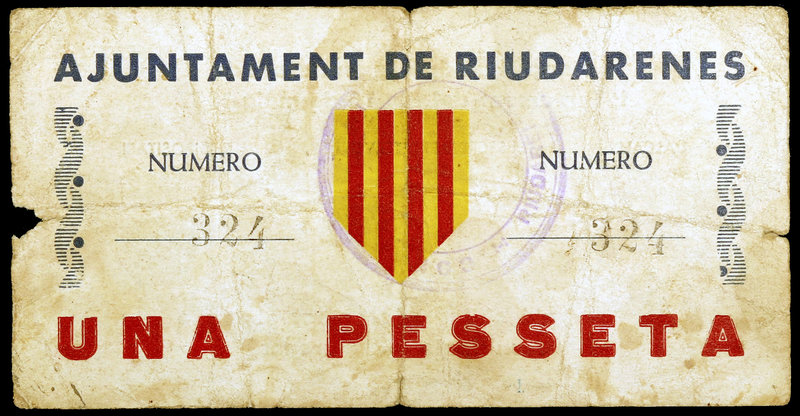 Riudarenes. 1 peseta. (T. 2480). Nº 324. Pequeña rotura. Raro. BC.