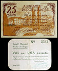 Riudor de Bages. 25 céntimos y 1 peseta. (T. 2508 y 2510). 1 billete y 1 cartón. MBC-.