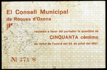 Roques d'Osona, les. 50 céntimos. (T. 2538a). Nº 271. Muy raro. BC.