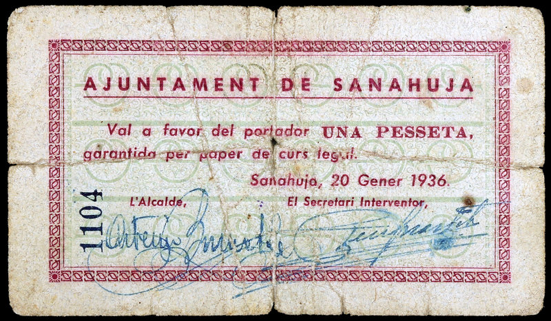 Sanahuja. 1 peseta. (T. 2609). Roturas. Raro. BC.