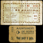 Soses. 25 céntimos y 1 peseta. (T. 2791 y 2793). 1 billete y 1 cartón. Raros. BC.