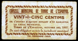 Torre de l'Espanyol, la. 25 céntimos. (T. 2942). Raro. MBC-.