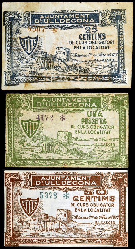 Ulldecona. 25, 50 céntimos y 1 peseta. (T. 3031a, 3032a y 3033d). 3 billetes, se...