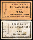 Vacarisses. 50 céntimos y 1 peseta. (T. 3045 y 3046). 2 cartones, serie completa, el de 50 céntimos nº 16. Escasos. MBC-/MBC+.