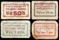 Vallbona d'Anoia. 50 céntimos (dos) y 1 peseta (dos). (T. 3057, 3058, 3059a y 3060a). 4 cartones, una serie completa. Raros. BC/MBC.