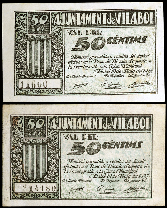 Vilaboi. 50 céntimos (dos). (T. 3194 y 3194a). 2 billetes. MBC-/MBC.