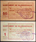 Viladecavalls. 50 céntimos y 1 peseta. (T. 3203 y 3204). 2 cartones, todos los de la localidad. Escasos así. S/C-.