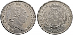 Altdeutsche Münzen und Medaillen 
 Baden-Durlach 
 Karl Friedrich 1746-1811 
 Konventionstaler 1803. Wiel. 756, AKS 2. J. 7, Thun 12, Dav. 513, Kah...