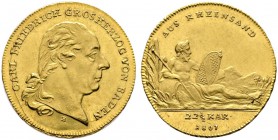 Altdeutsche Münzen und Medaillen 
 Baden-Durlach 
 Karl Friedrich 1746-1811 
 Rheingolddukat 1807 -Mannheim-. Kopf nach rechts, darunter die Signat...
