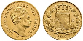 Altdeutsche Münzen und Medaillen 
 Baden-Durlach 
 Ludwig 1818-1830 
 10 Gulden 1819 -Mannheim-. Kopf nach rechts, darunter die in Ligatur geschrie...