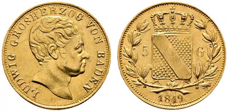 Altdeutsche Münzen und Medaillen 
 Baden-Durlach 
 Ludwig 1818-1830 
 5 Gulde...