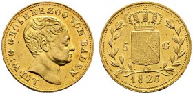 Altdeutsche Münzen und Medaillen 
 Baden-Durlach 
 Ludwig 1818-1830 
 5 Gulden 1826 -Mannheim-. Ähnlich wie vorher. AKS 47, J. 33, Fr. 150, Wiel. 8...